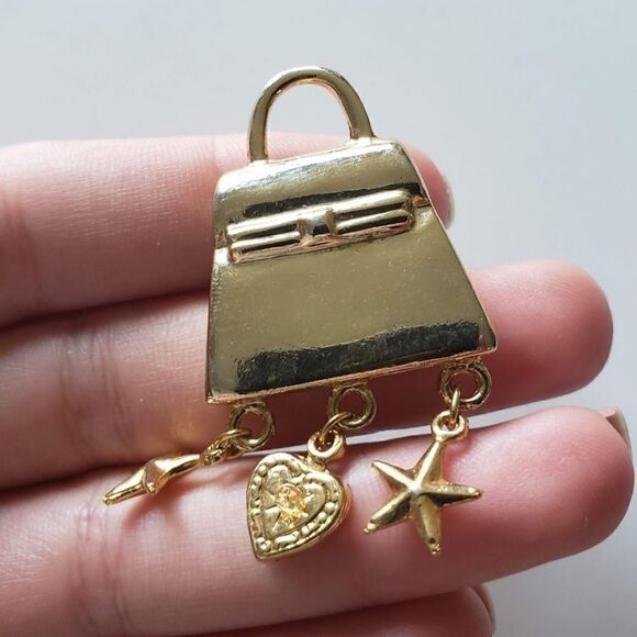 Vintage Purse Tassels heart star Gold Tone Brooch - Picture 3 of 6